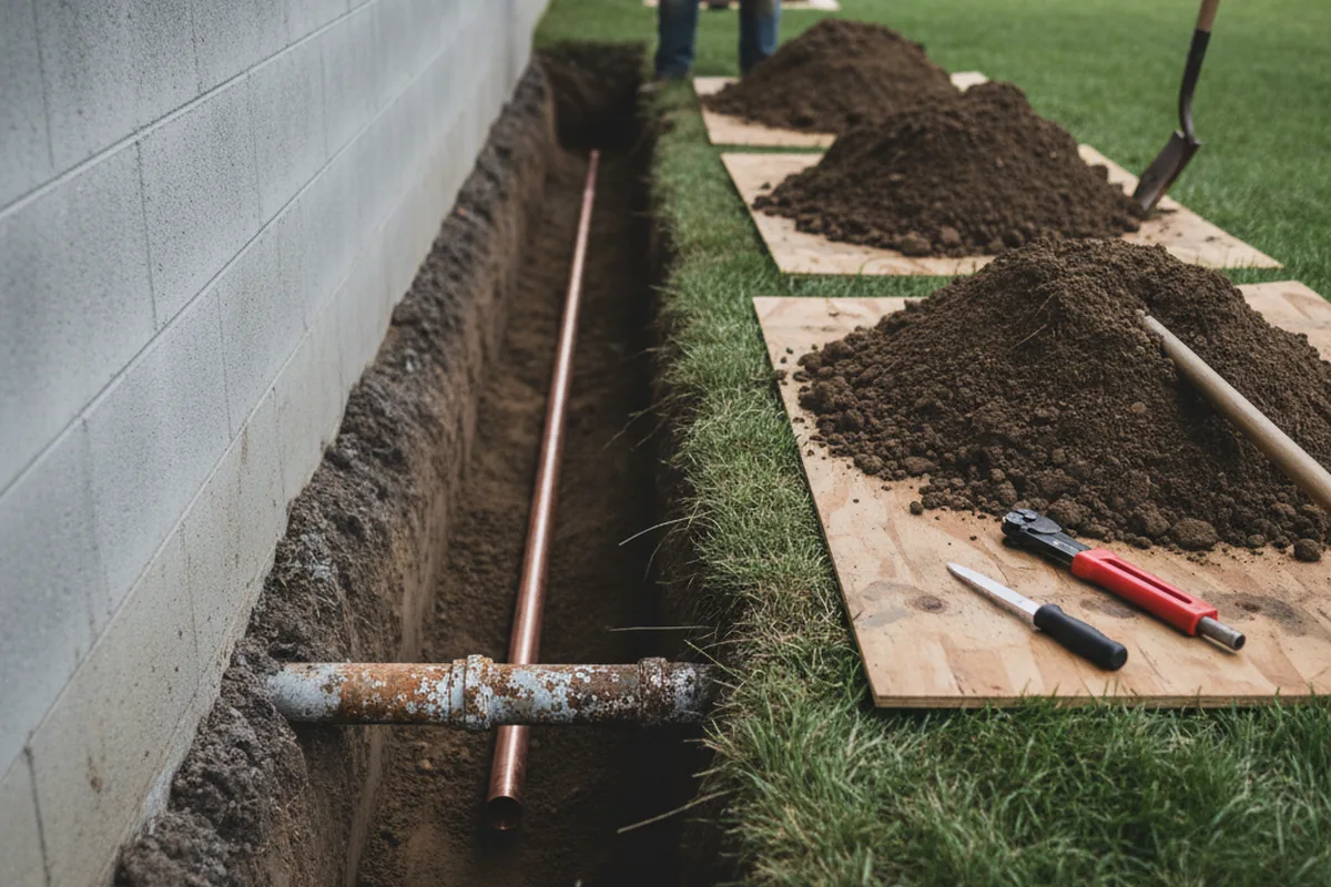 Excavated water line trench during Water Softener Installation in Gilmanton
